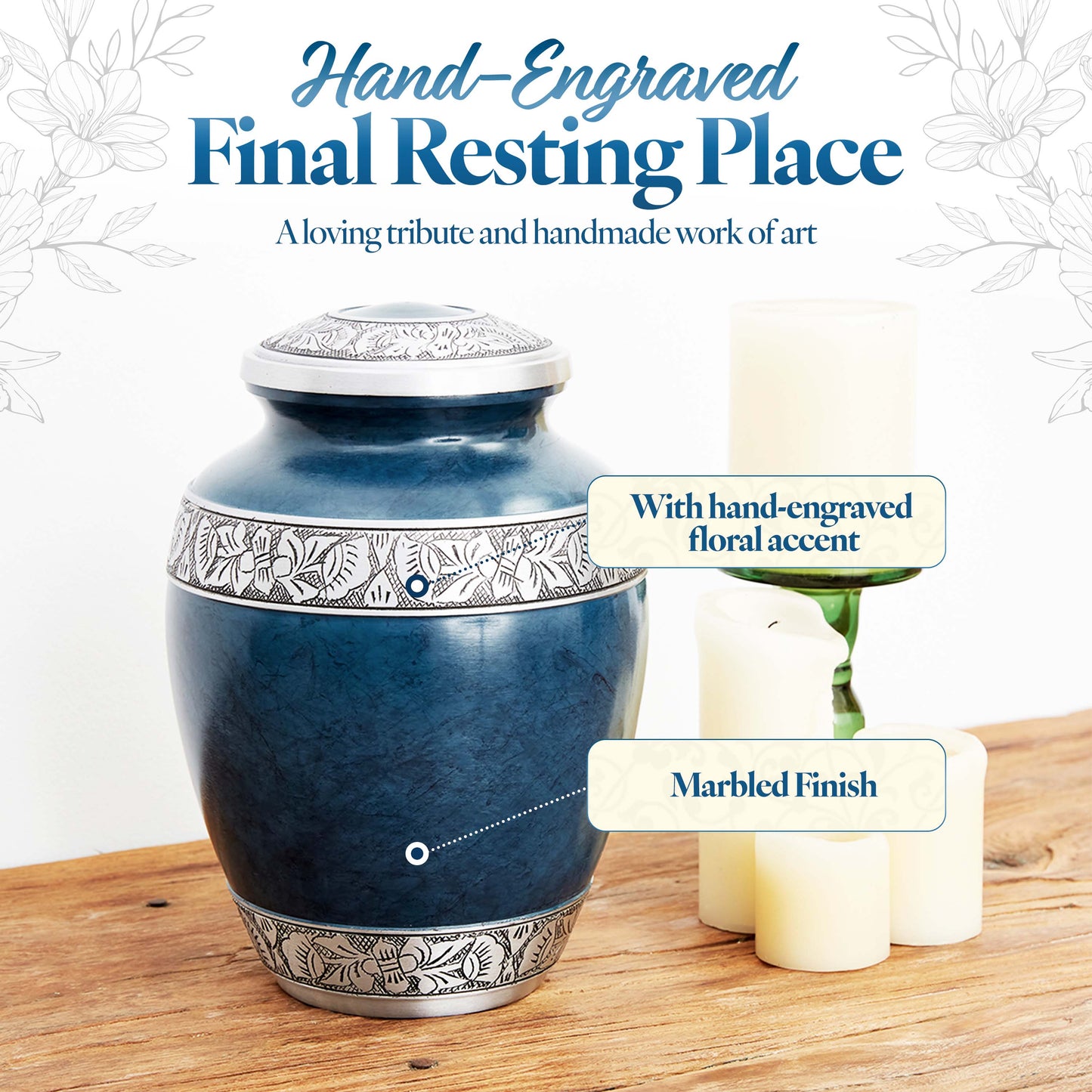 Cremation Urn for Adult Human Ashes - Large Handcrafted Funeral Memorial with Striking Blue Design (Aluminum - 10 Inch Height x 7 Inch Width)