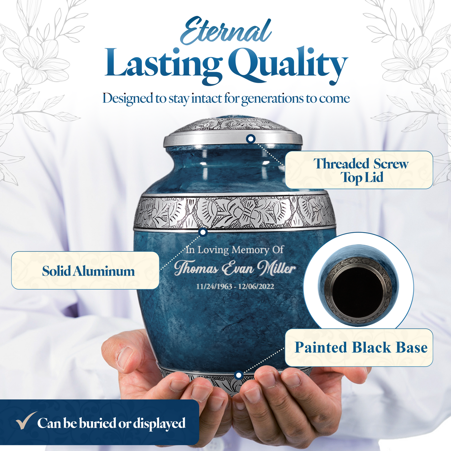 Personalized Cremation Urn for Adult Human Ashes - Custom Engraved Large Handcrafted Funeral Memorial with Striking Blue Design (Aluminum - 10 Inch Height x 7 Inch Width)