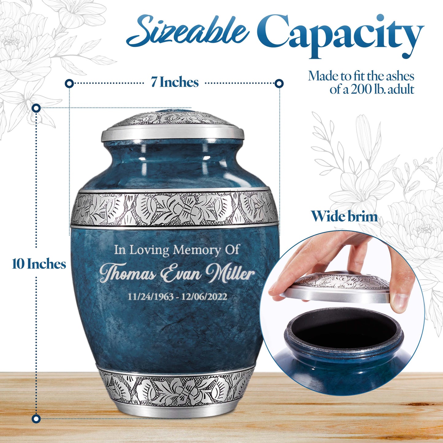 Personalized Cremation Urn for Adult Human Ashes - Custom Engraved Large Handcrafted Funeral Memorial with Striking Blue Design (Aluminum - 10 Inch Height x 7 Inch Width)