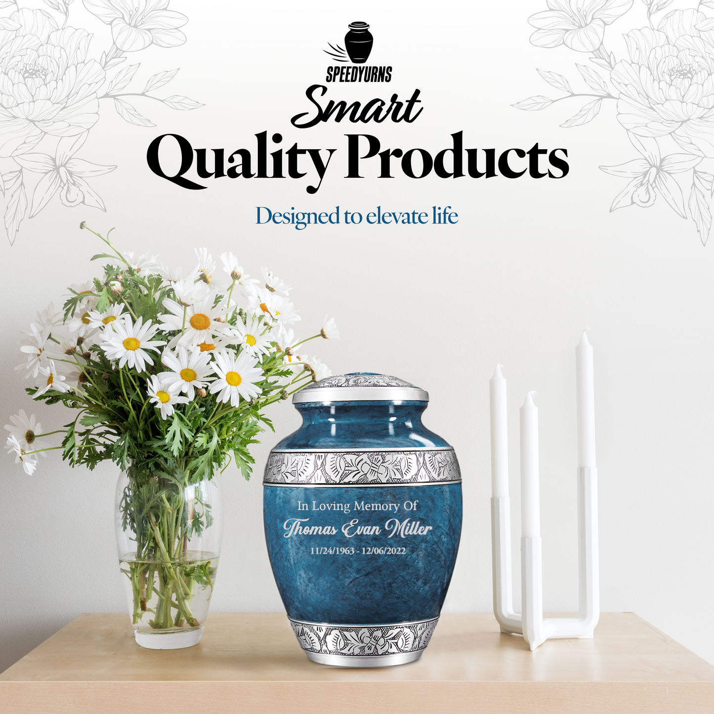 Personalized Cremation Urn for Adult Human Ashes - Custom Engraved Large Handcrafted Funeral Memorial with Striking Blue Design (Aluminum - 10 Inch Height x 7 Inch Width)
