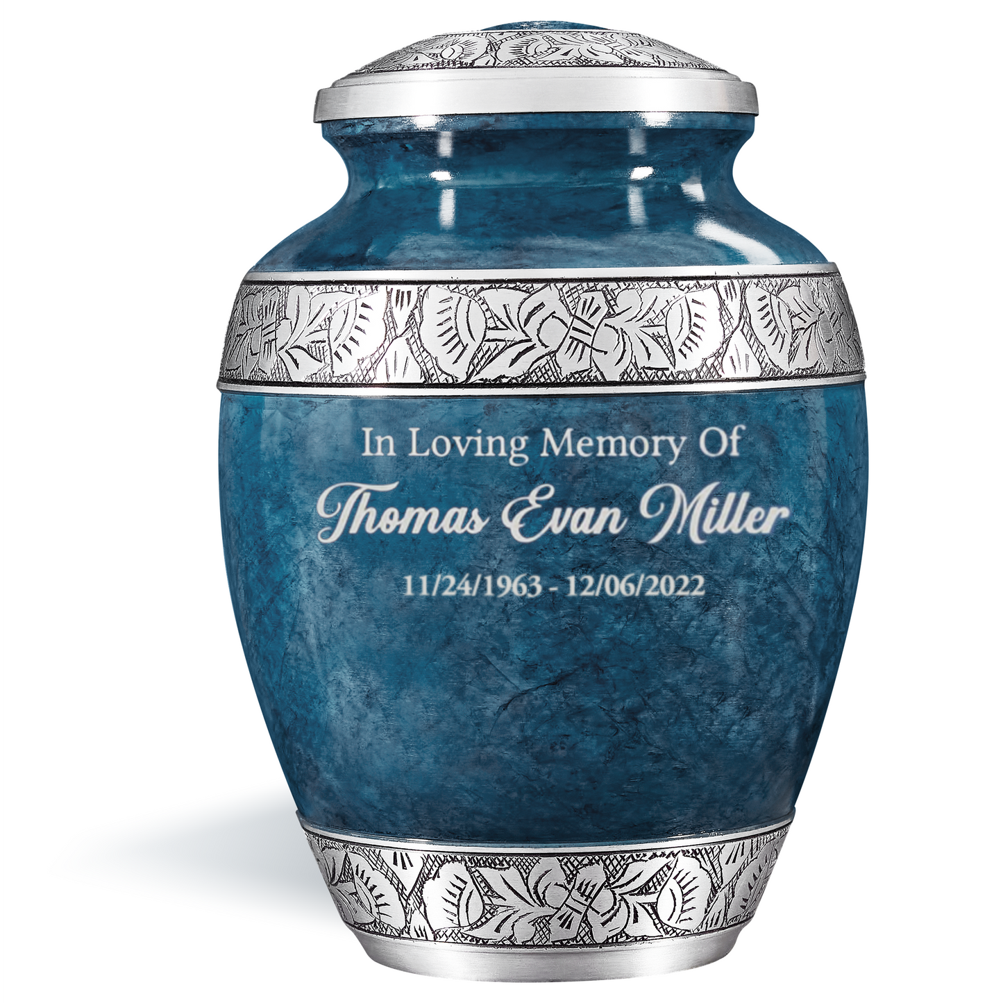 Personalized blue aluminum cremation urn with custom engraving
