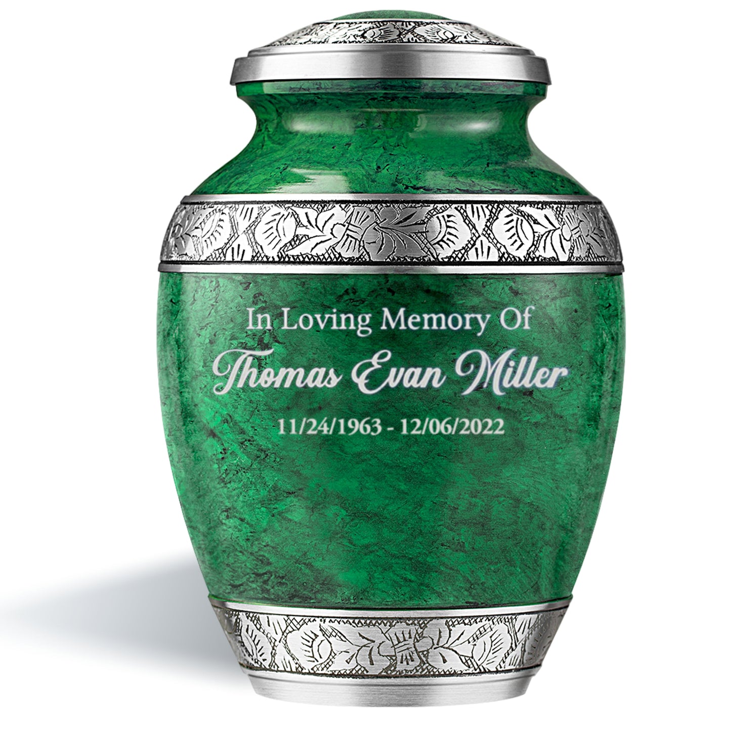 Personalized Green aluminum cremation urn with custom engraving