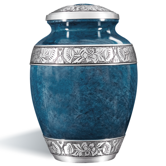 Cremation Urn for Adult Human Ashes - Large Handcrafted Funeral Memorial with Striking Blue Design (Aluminum - 10 Inch Height x 7 Inch Width)
