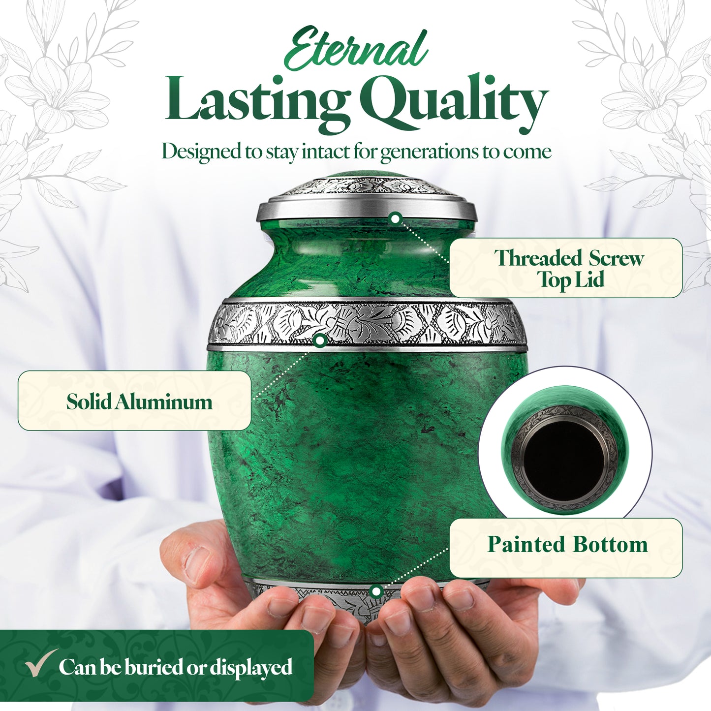 Green aluminum cremation urn hand-engraved floral pattern detail – elegant marbled memorial