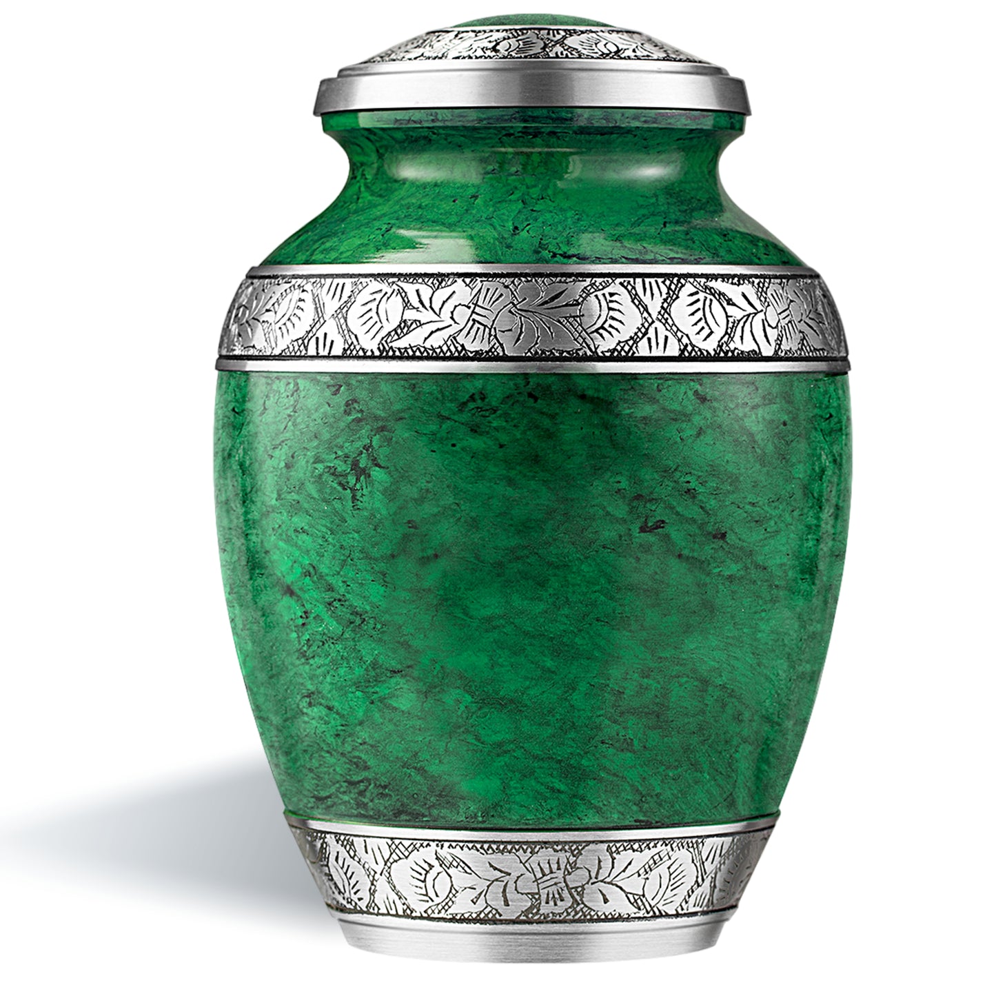 Green aluminum cremation urn for adult ashes – handcrafted funeral memorial with striking marbled design