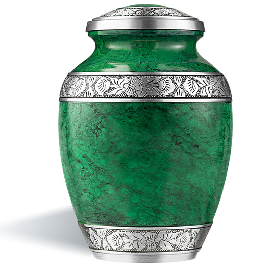 Green aluminum cremation urn for adult ashes – handcrafted funeral memorial with striking marbled design