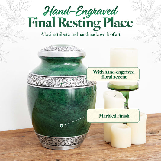 Green aluminum cremation urn side view – large 10 inch handcrafted memorial urn for ashes