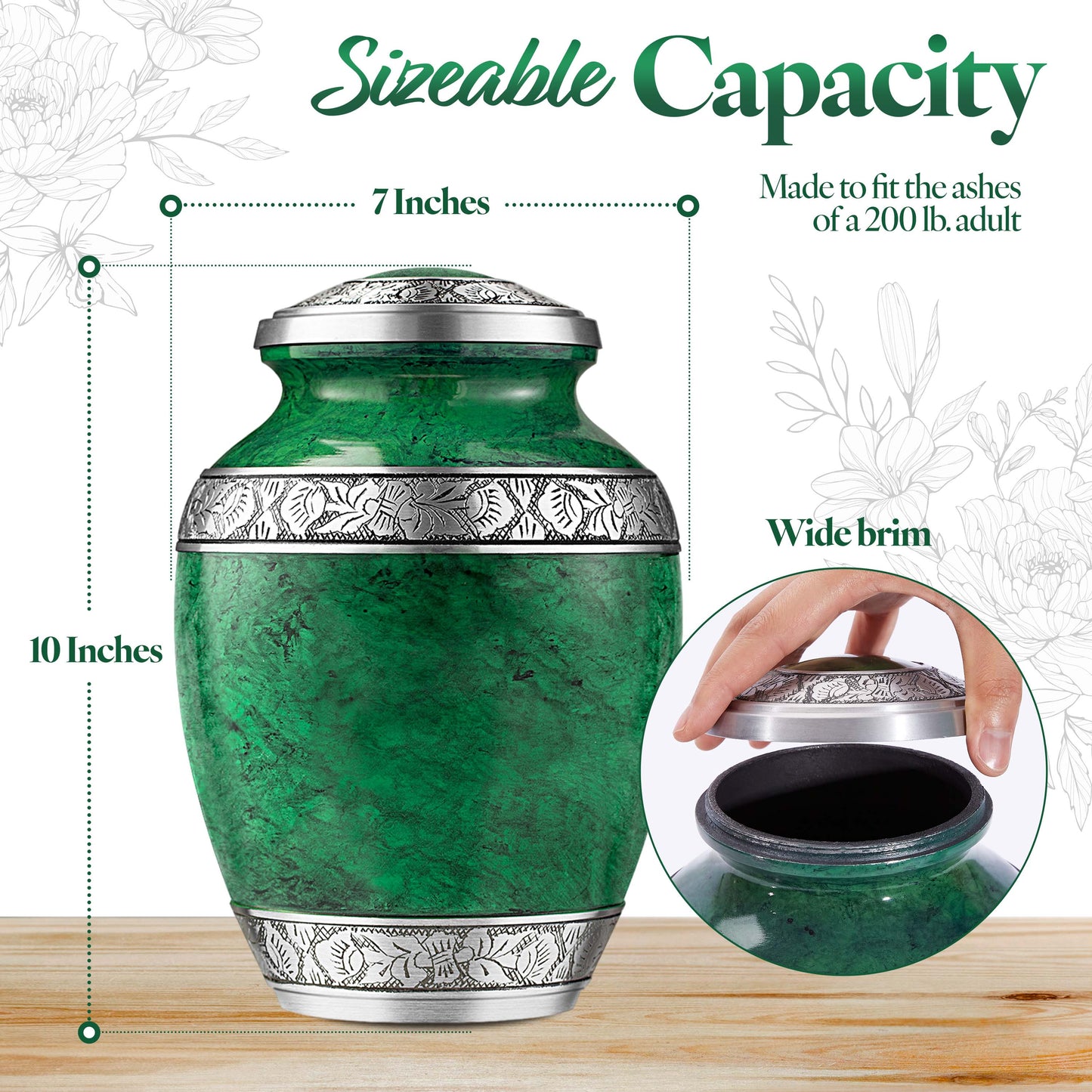 Green aluminum cremation urn threaded lid close-up – secure screw top design