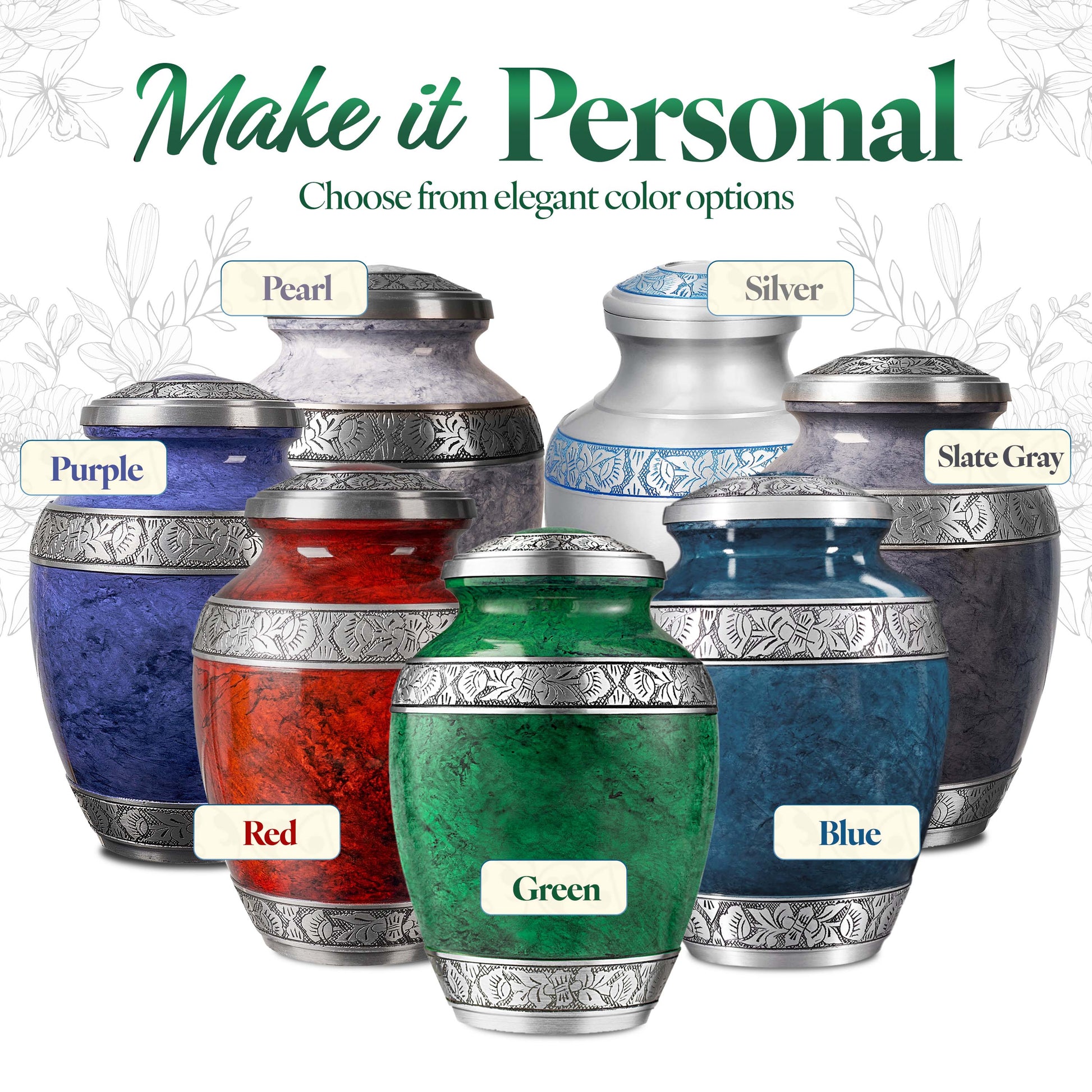 Green aluminum cremation urn being held – beautiful marbled memorial urn for human ashes