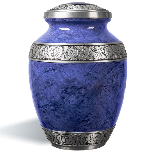 Purple aluminum cremation urn for adult ashes – handcrafted funeral memorial with striking marbled design