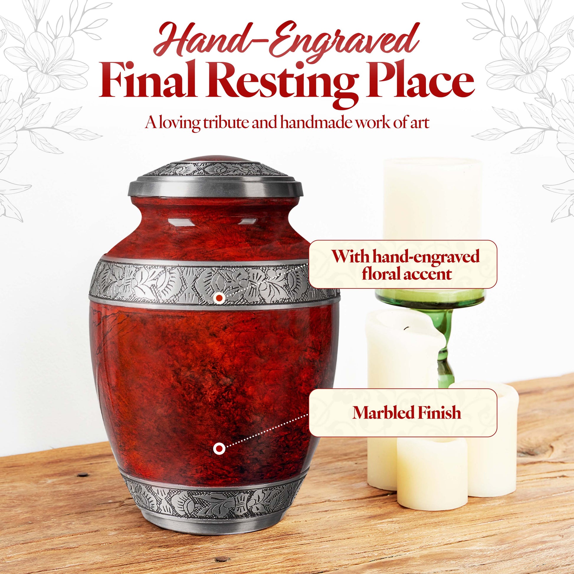 Red aluminum cremation urn side view – large 10 inch handcrafted memorial urn for ashes