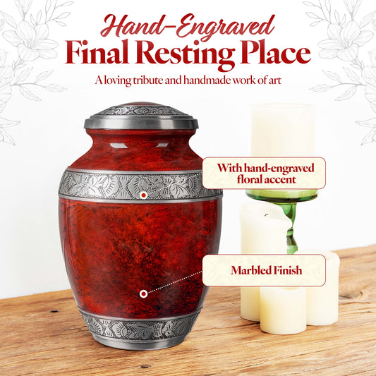 Red aluminum cremation urn side view – large 10 inch handcrafted memorial urn for ashes