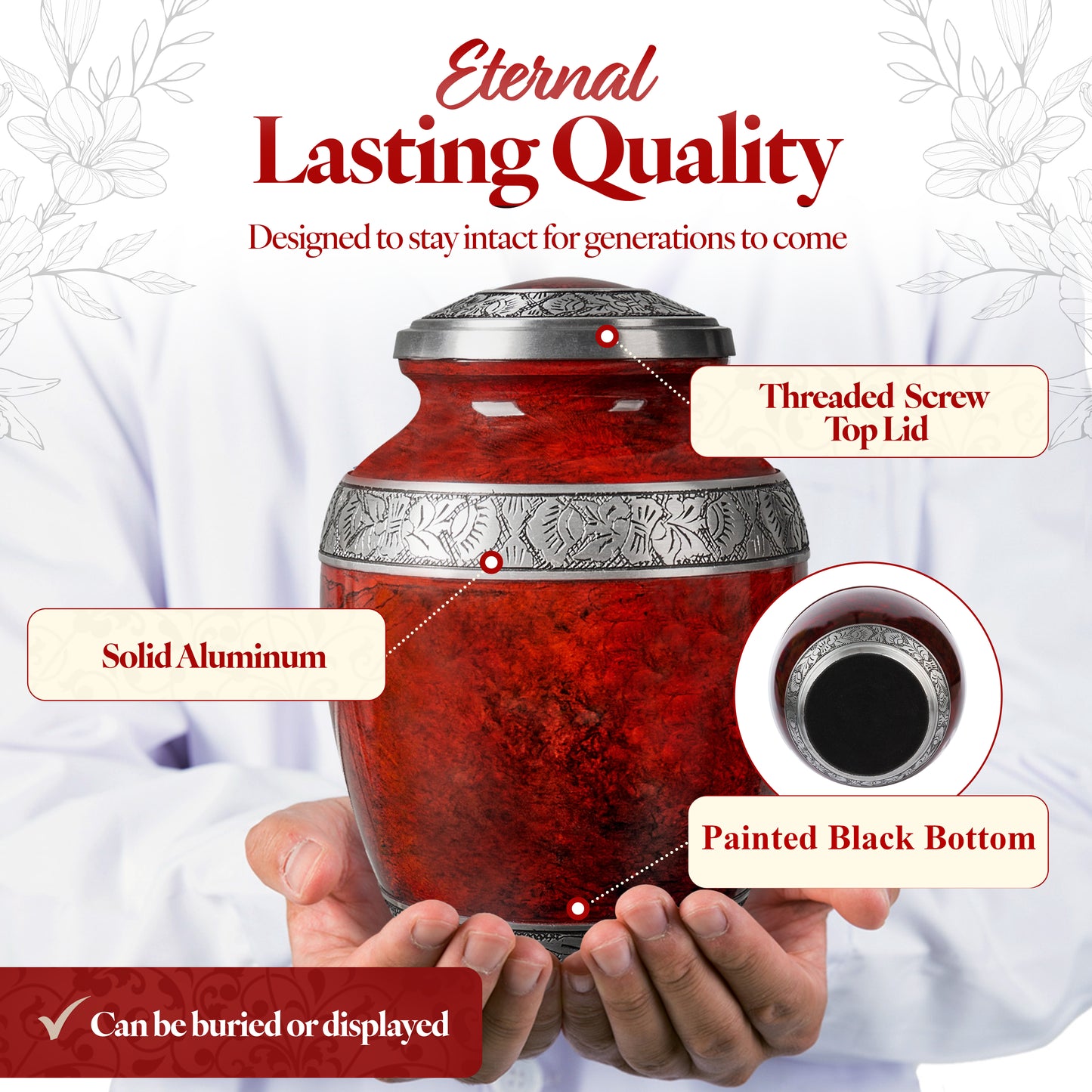 Red aluminum cremation urn hand-engraved floral pattern detail – elegant marbled memorial