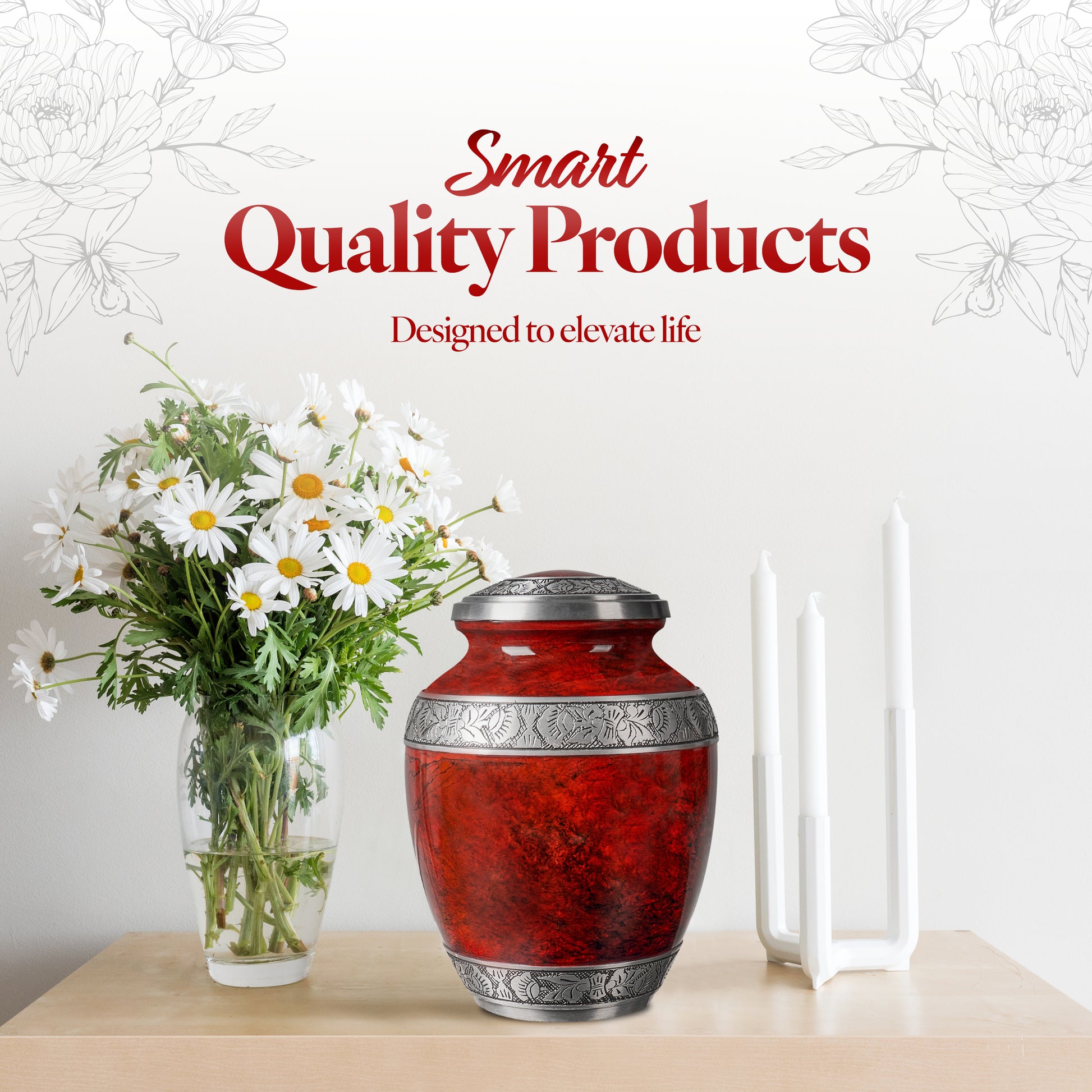 Red aluminum cremation urn hand-engraved floral pattern detail – elegant marbled memorial