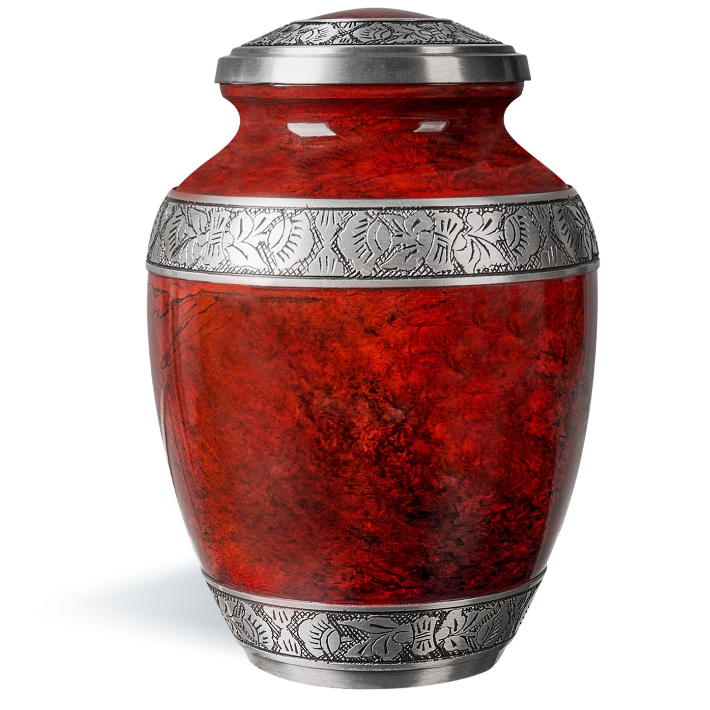 Red aluminum cremation urn for adult ashes – handcrafted funeral memorial with striking marbled design
