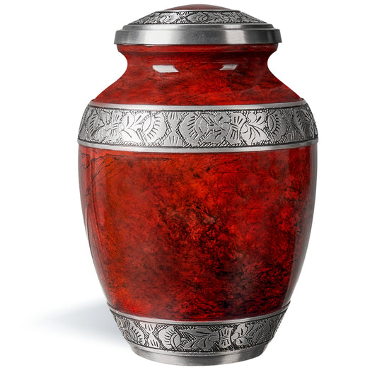Red aluminum cremation urn for adult ashes – handcrafted funeral memorial with striking marbled design