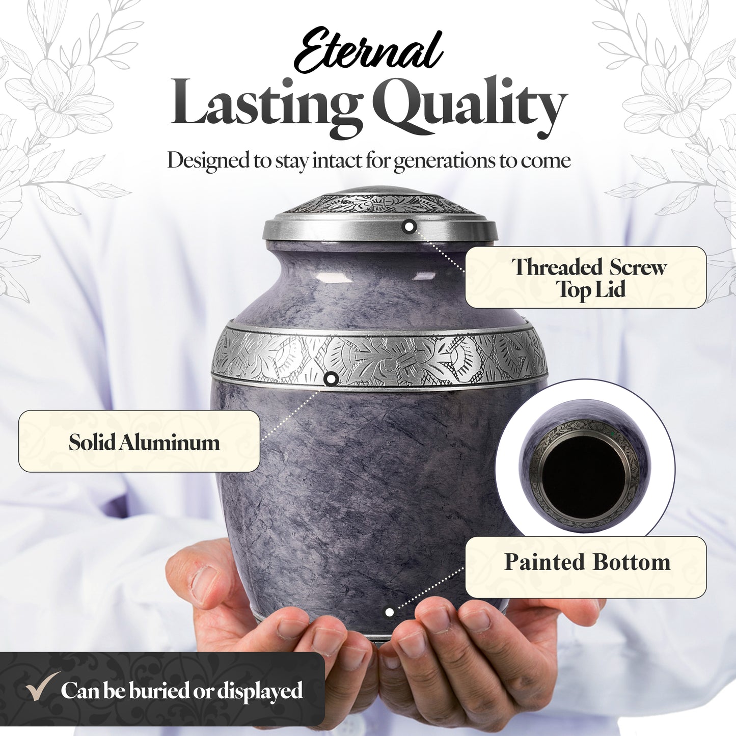 Slate gray aluminum cremation urn threaded lid close-up – secure screw top design