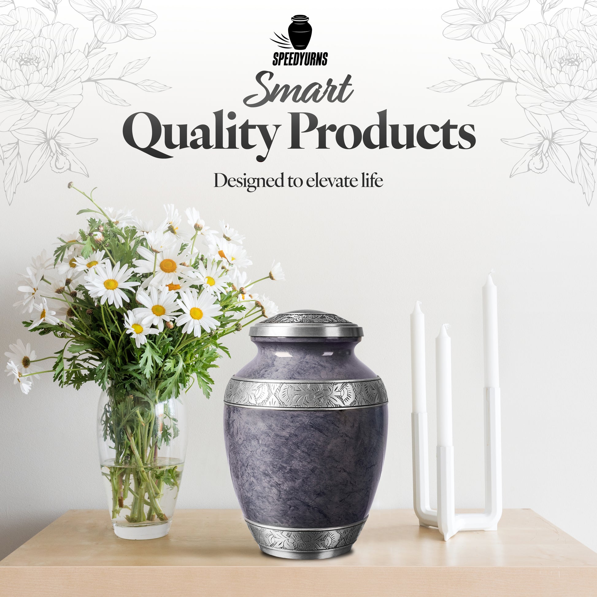 Slate gray aluminum cremation urn hand-engraved floral pattern detail – elegant marbled memorial