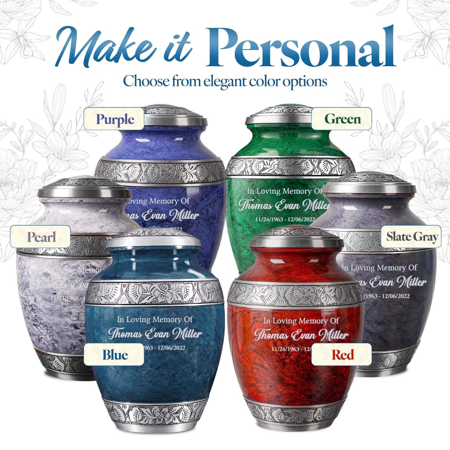 Personalized Cremation Urn for Adult Human Ashes - Custom Engraved Large Handcrafted Funeral Memorial with Striking Blue Design (Aluminum - 10 Inch Height x 7 Inch Width)