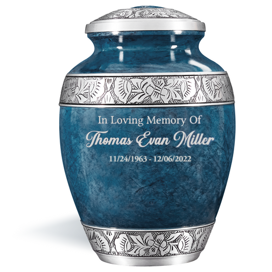 Personalized Cremation Urn for Adult Human Ashes - Custom Engraved Large Handcrafted Funeral Memorial with Striking Blue Design (Aluminum - 10 Inch Height x 7 Inch Width)