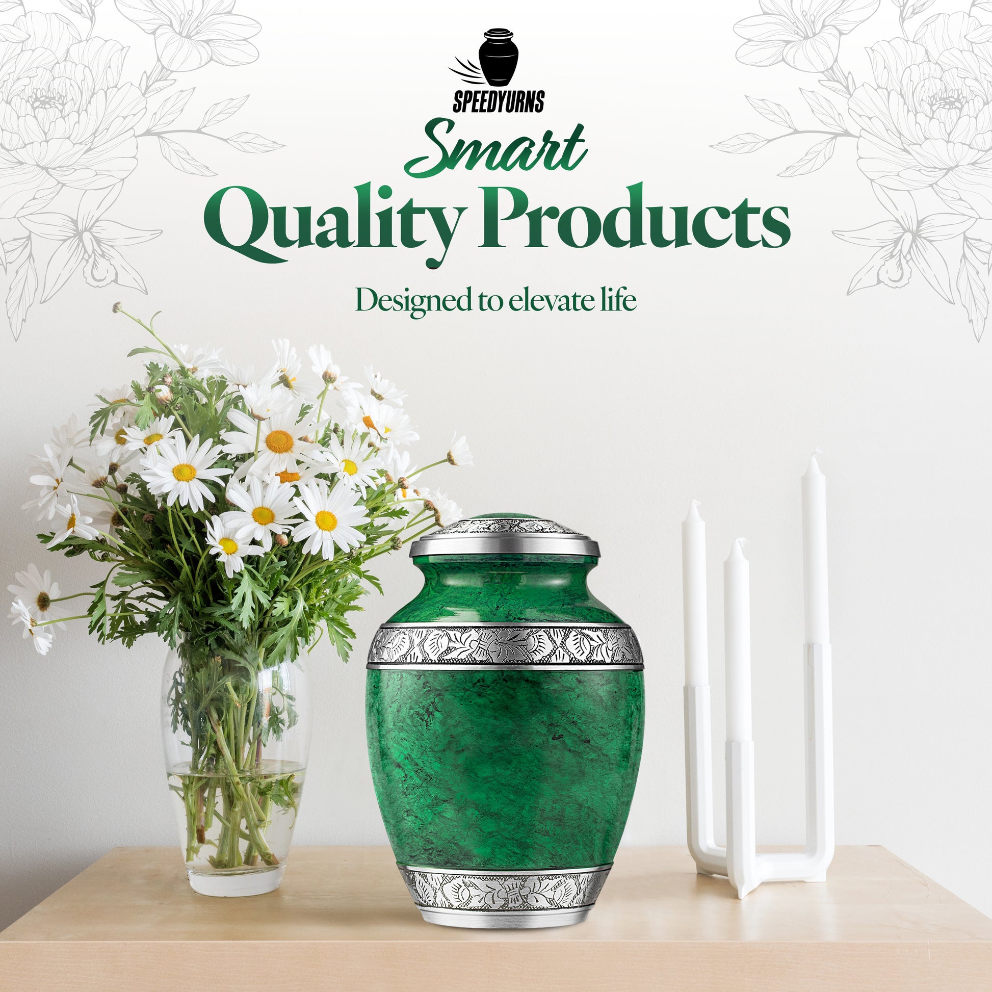 Green aluminum cremation urn being held – beautiful marbled memorial urn for human ashes