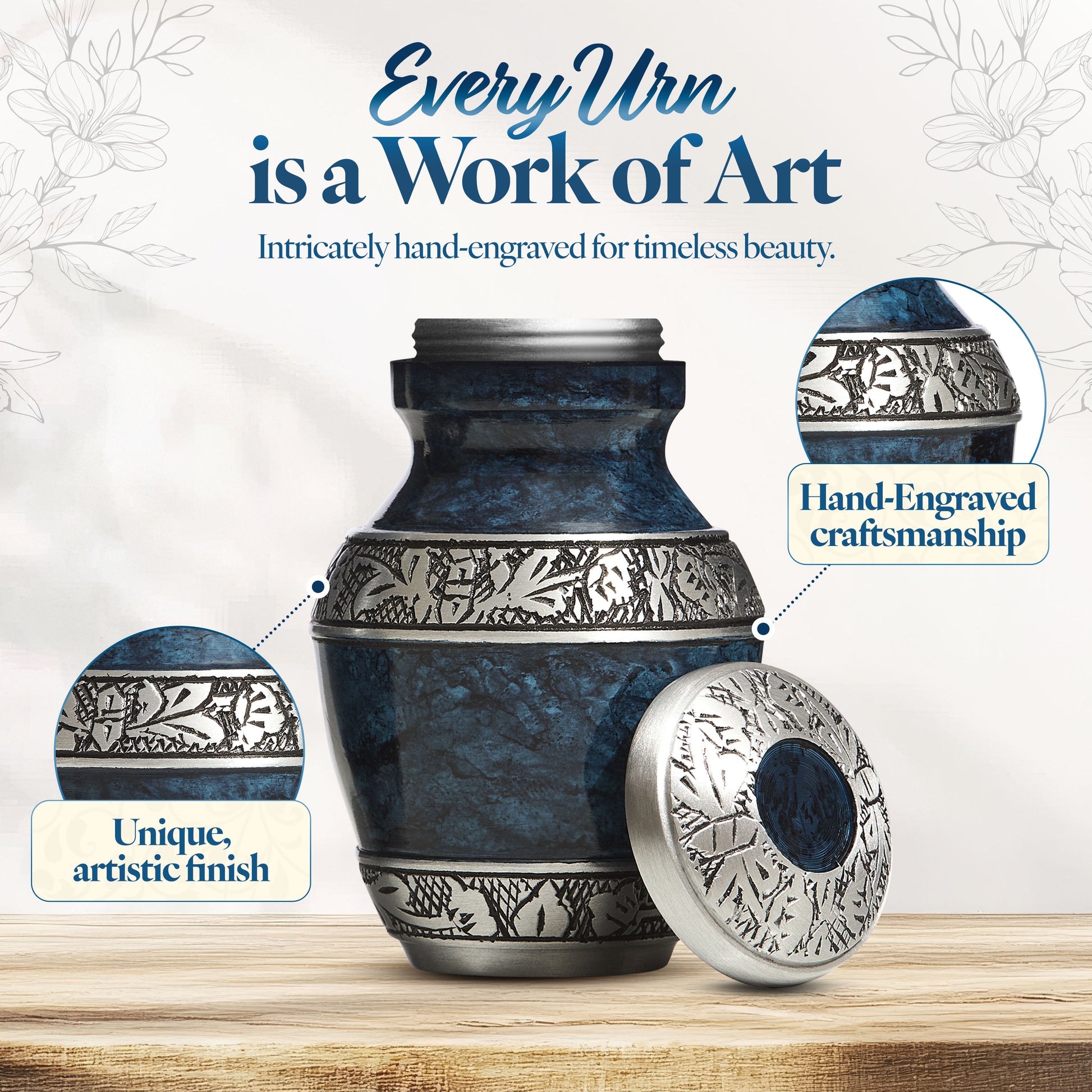 Hand-engraved blue keepsake urn with intricate floral patterns and threaded metal lid