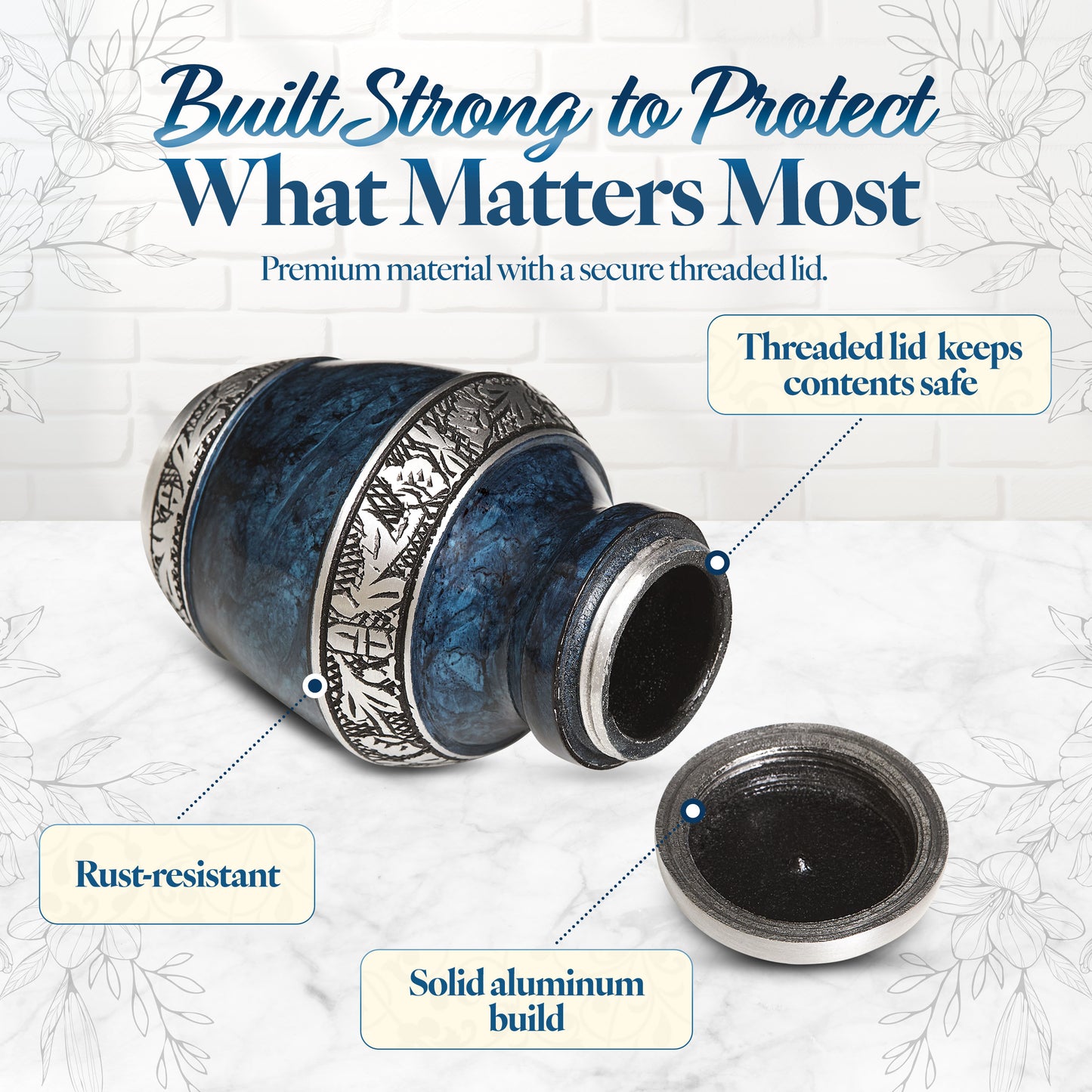 Secure threaded lid on blue aluminum keepsake urn – rust-resistant and solid build