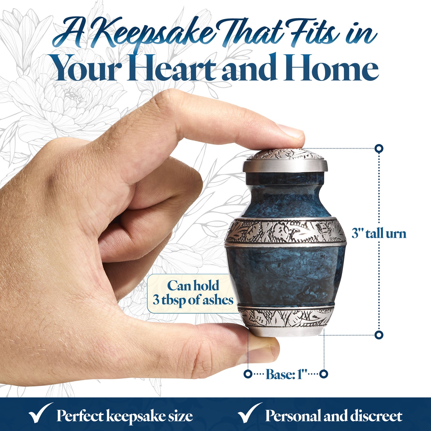3 inch blue keepsake urn for ashes held in hand – compact size perfect for sharing