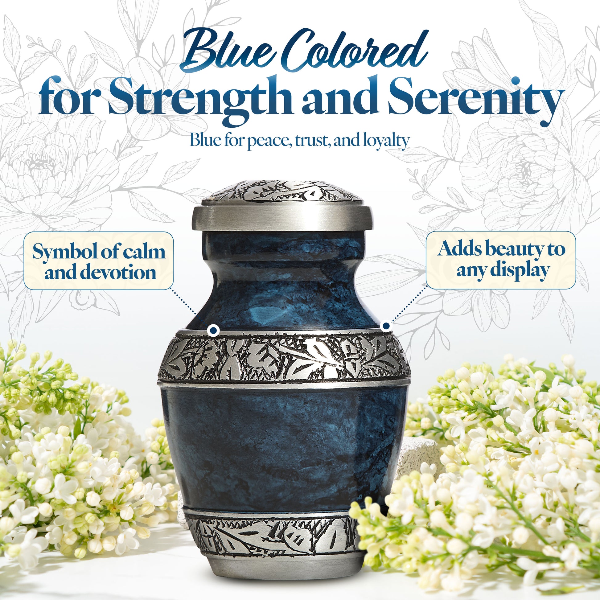 Blue keepsake urn symbolizing peace and serenity displayed with white flowers