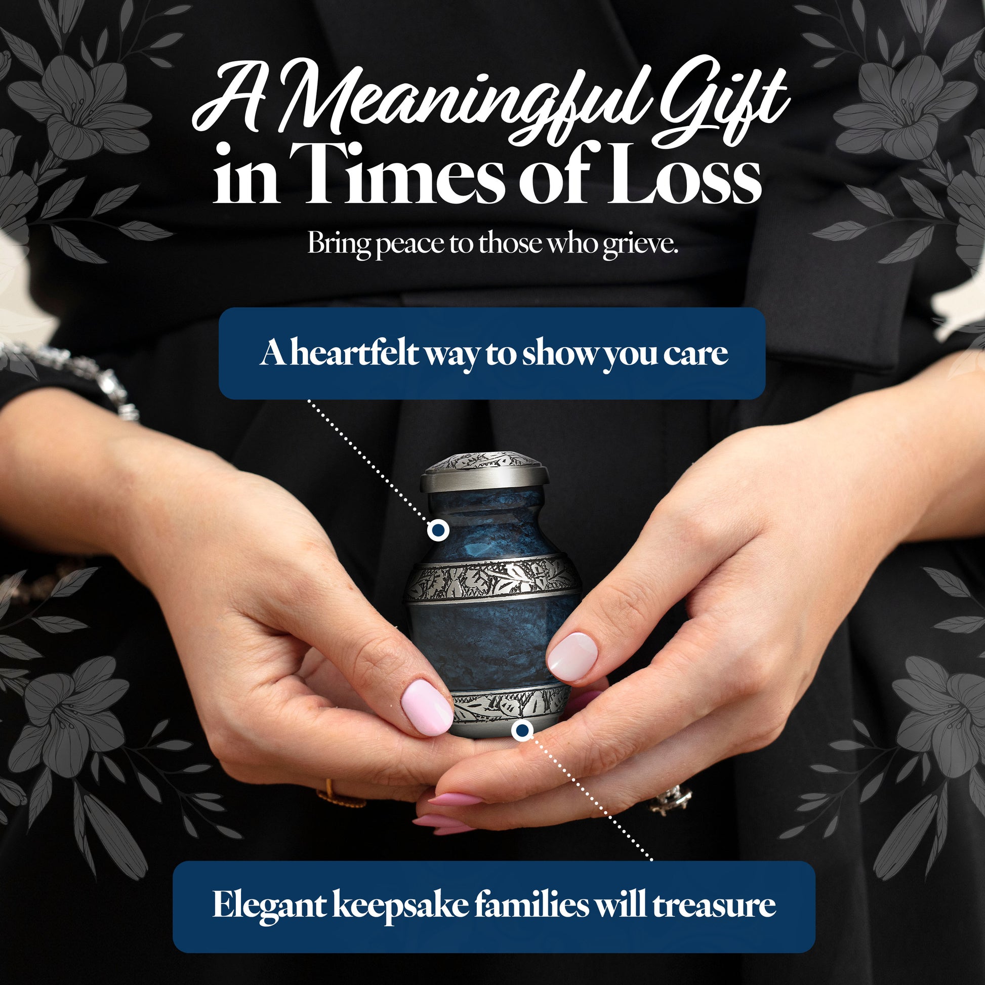 Blue keepsake urn held in hand showing elegant marbled finish and hand-engraved details