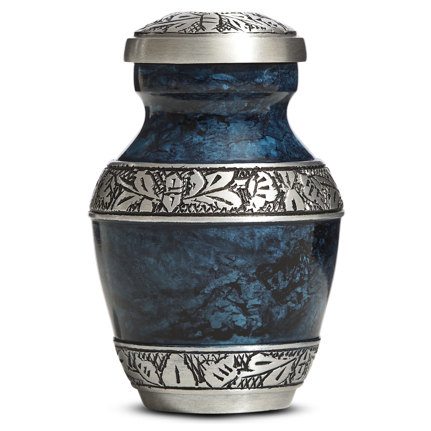 Elegant blue keepsake urn with hand-engraved silver bands and threaded lid – mini urn for ashes
