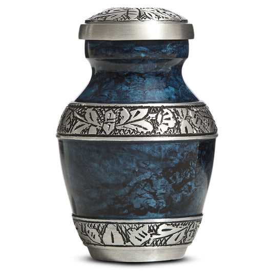 Elegant blue keepsake urn with hand-engraved silver bands and threaded lid – mini urn for ashes